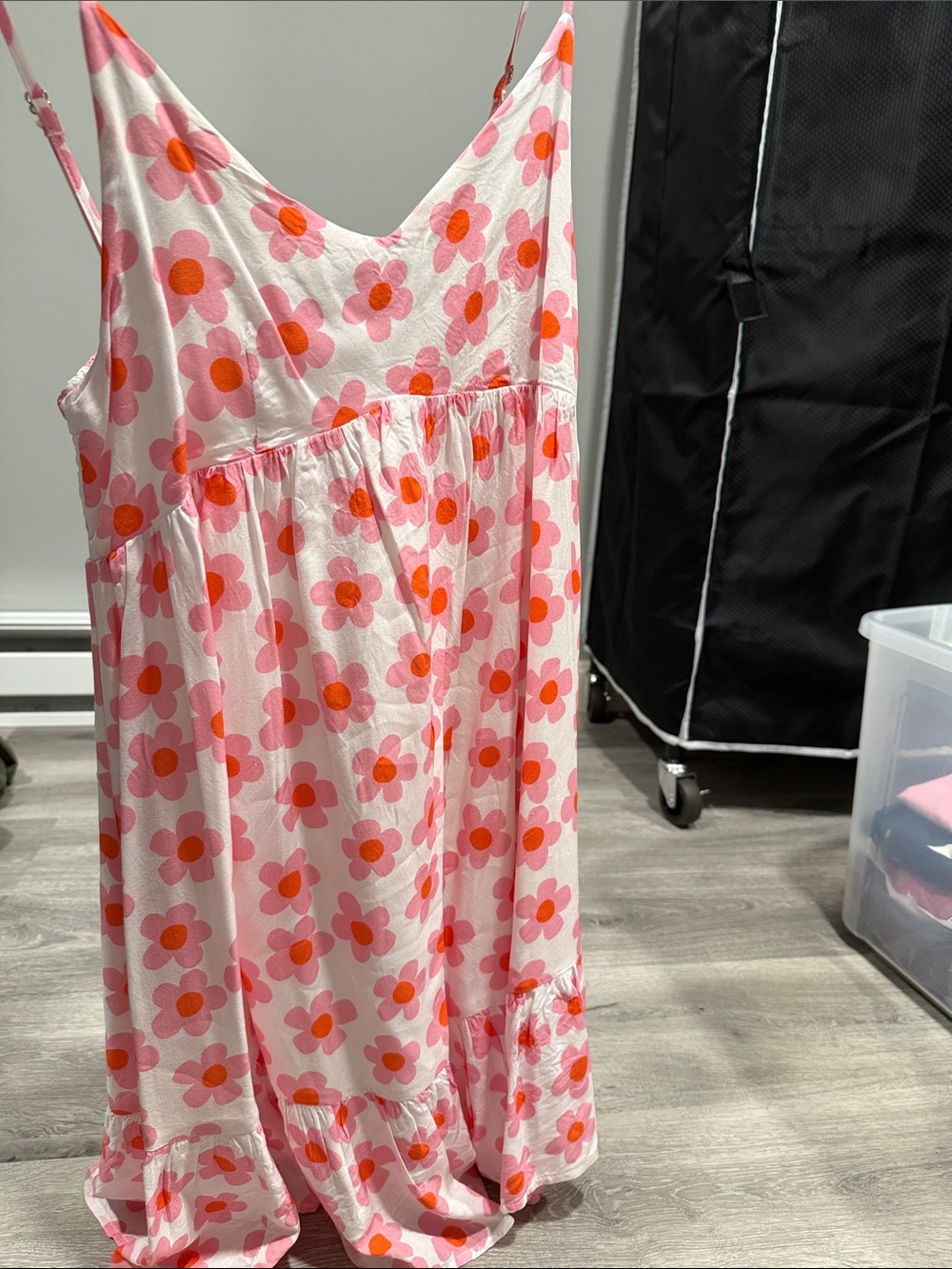 Pink Lily Pink Floral Dress with Orange Centers. Shorts underneath (romper).